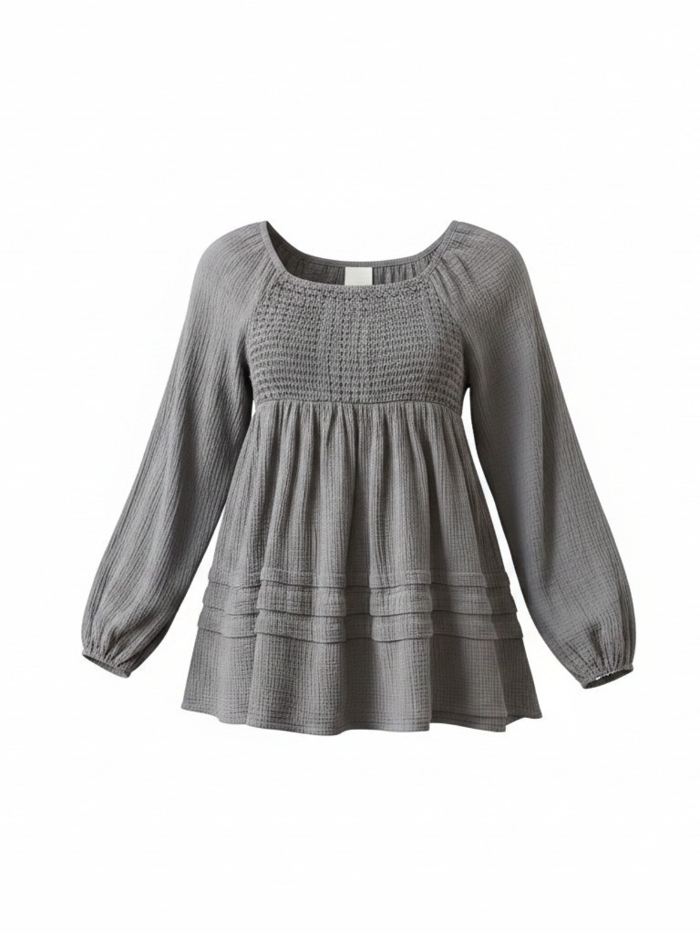 Heyson Gray Crochet Yoke Balloon Long Sleeve Round Neck Pocket Blouse S linen